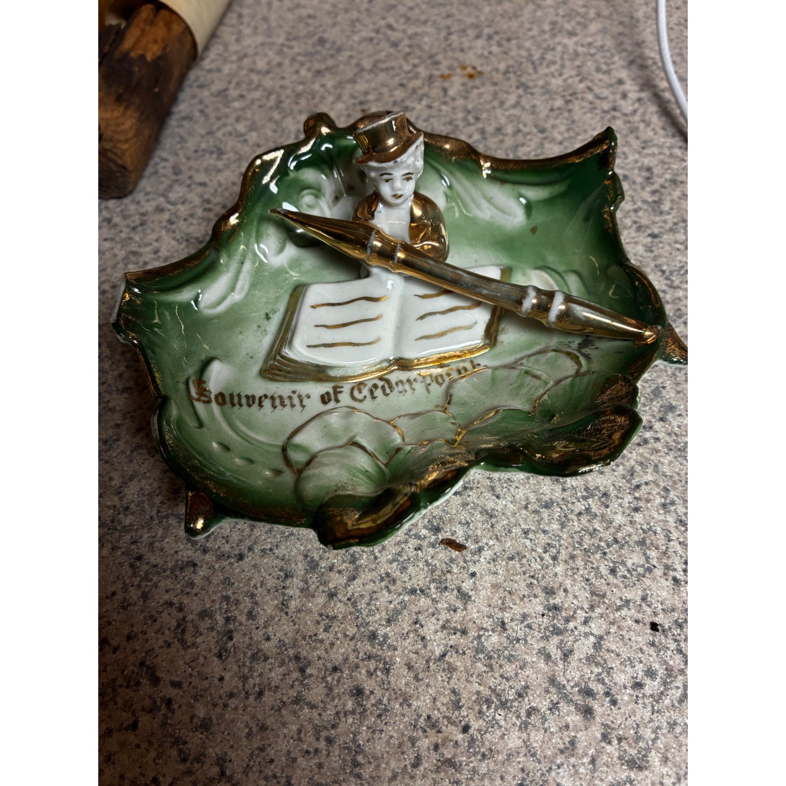 Vintage Souvenir of Cedar Point Porcelain Trinket Dish Gold Gilt Green Ohio Vintage Souvenir of Cedar Point Porcelain Trinket Dish Gold Gilt Green Ohio