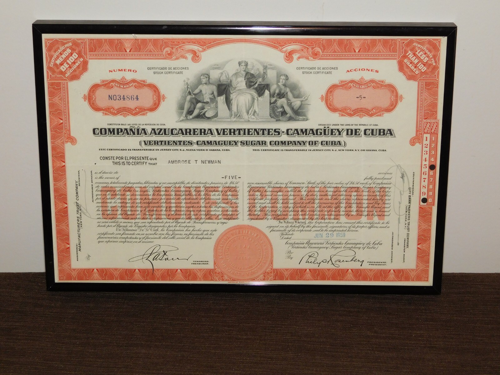 VINTAGE 1959  COMPANIA AZUCARERA VERTIENTES  NICELY FRAMED SOUVENIR