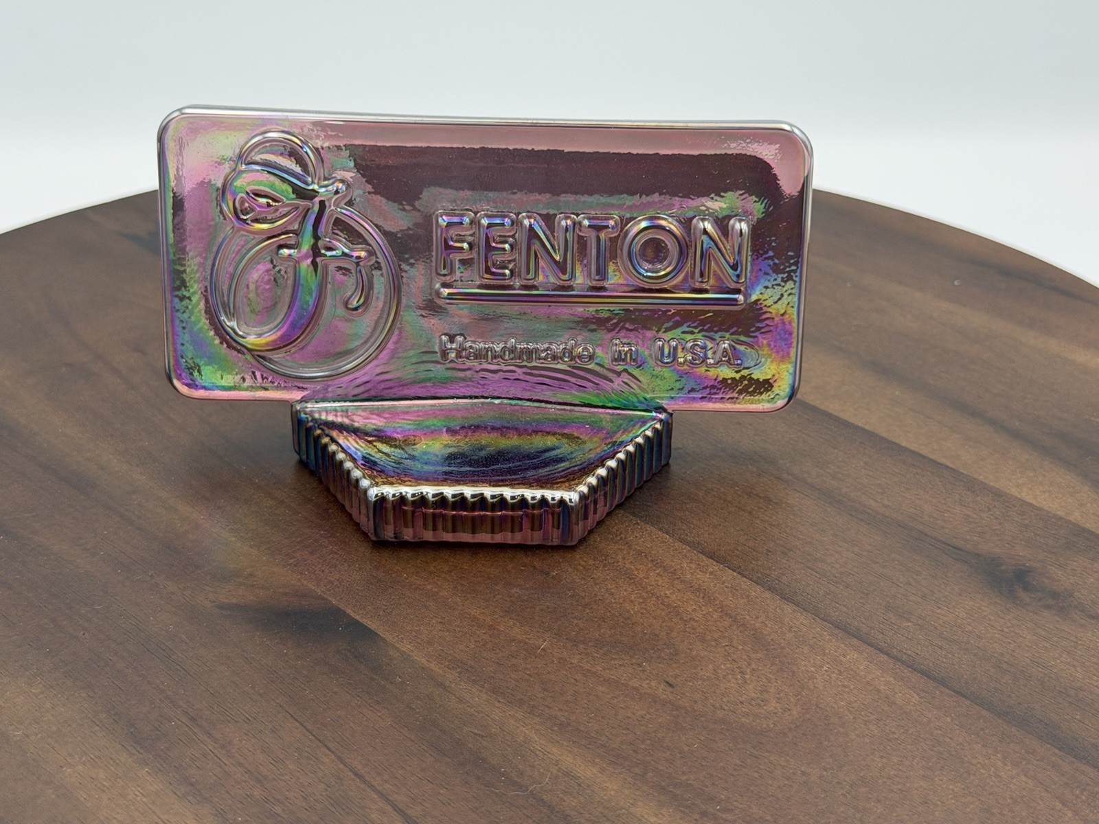 Fenton Glass Carnival Plum Glass Rectangle Dealer Sign Rutlader, KS 1992 Fenton Glass Carnival Plum Glass Rectangle Dealer Sign Rutlader, KS 1992