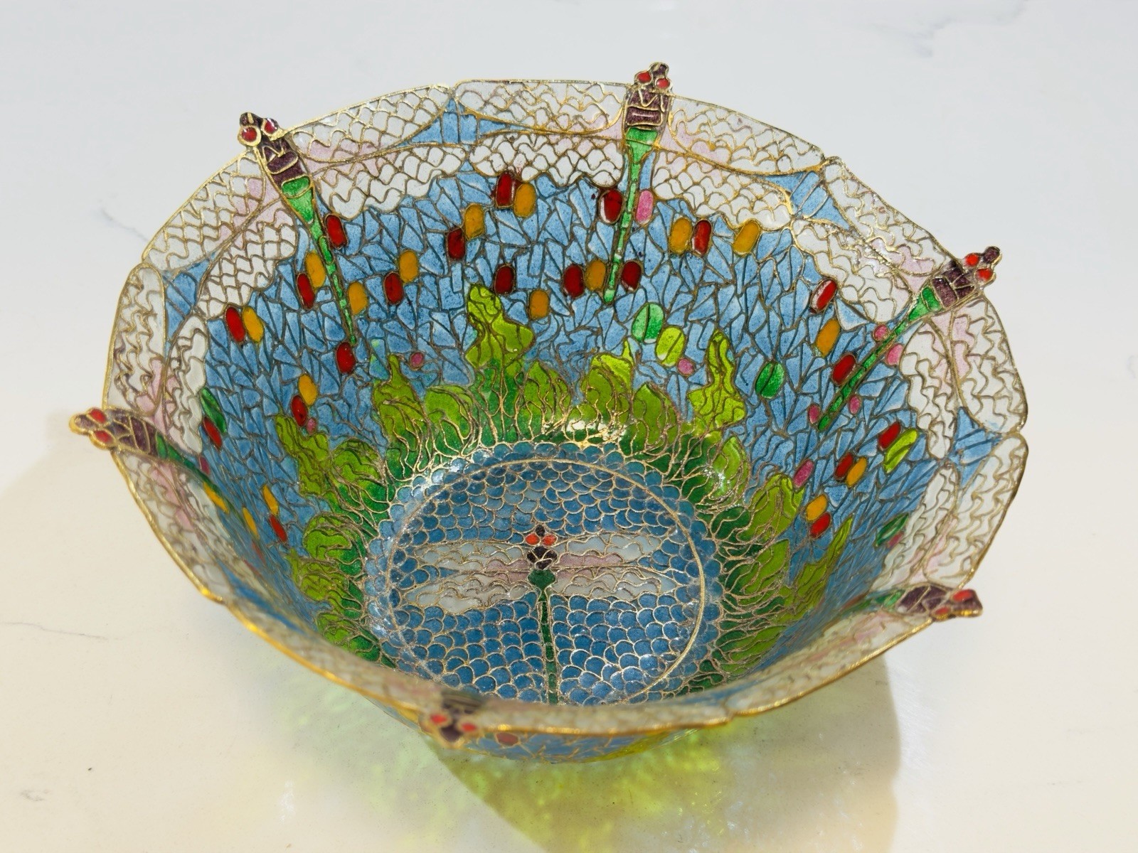 Fine Quality Chinese "Plique A Jour" Transparent Enameled Dragonfly Bowl 7.5”