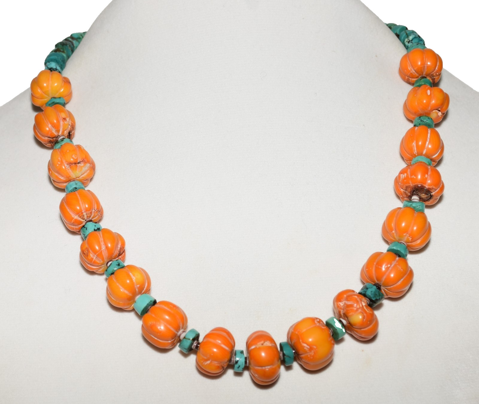 Vintage 70s Navajo Orange Carved Coral Pumpkins and Turquoise 22" Necklace