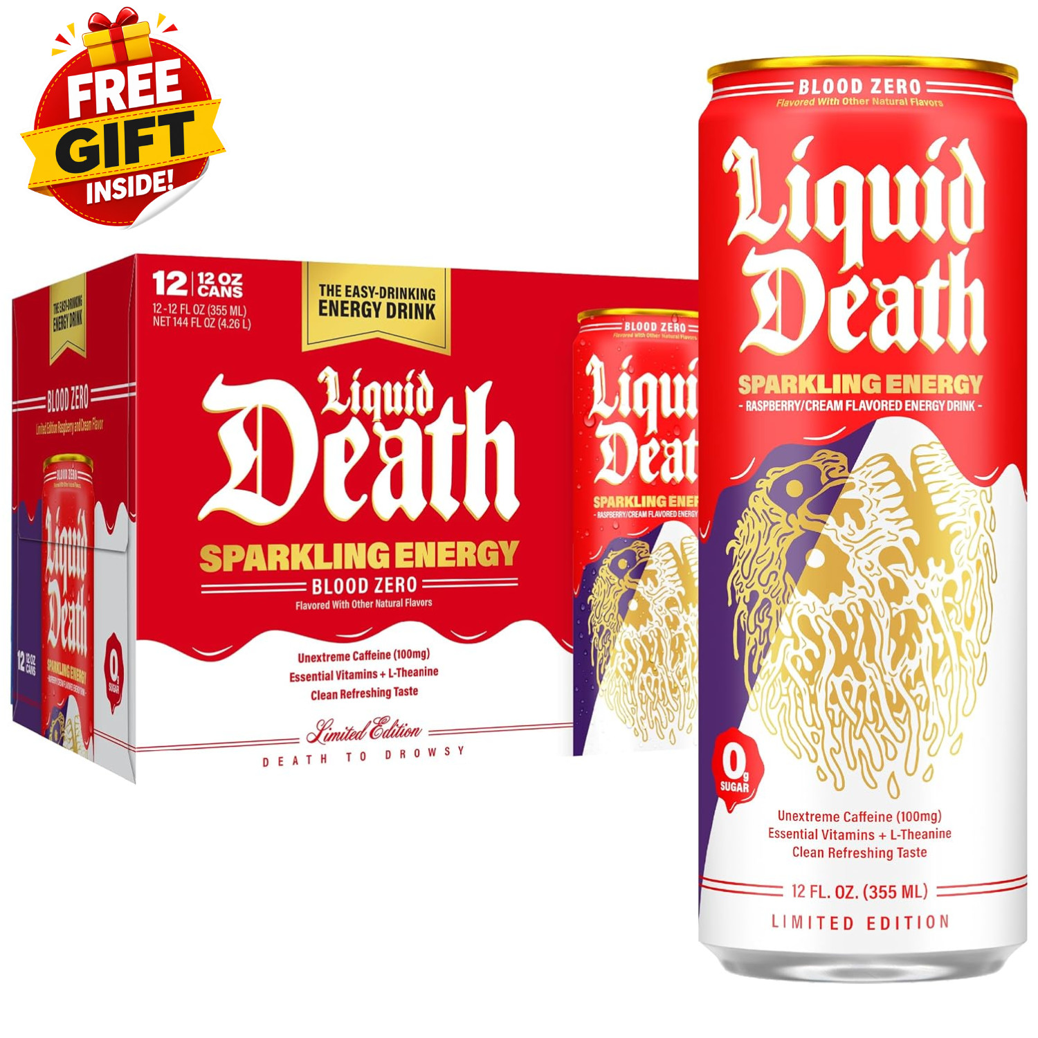 Liquid Death Sparkling Energy Blood Zero Raspberry Cream 12oz 12 Pack Liquid Death Sparkling Energy Blood Zero Raspberry Cream 12oz 12 Pack