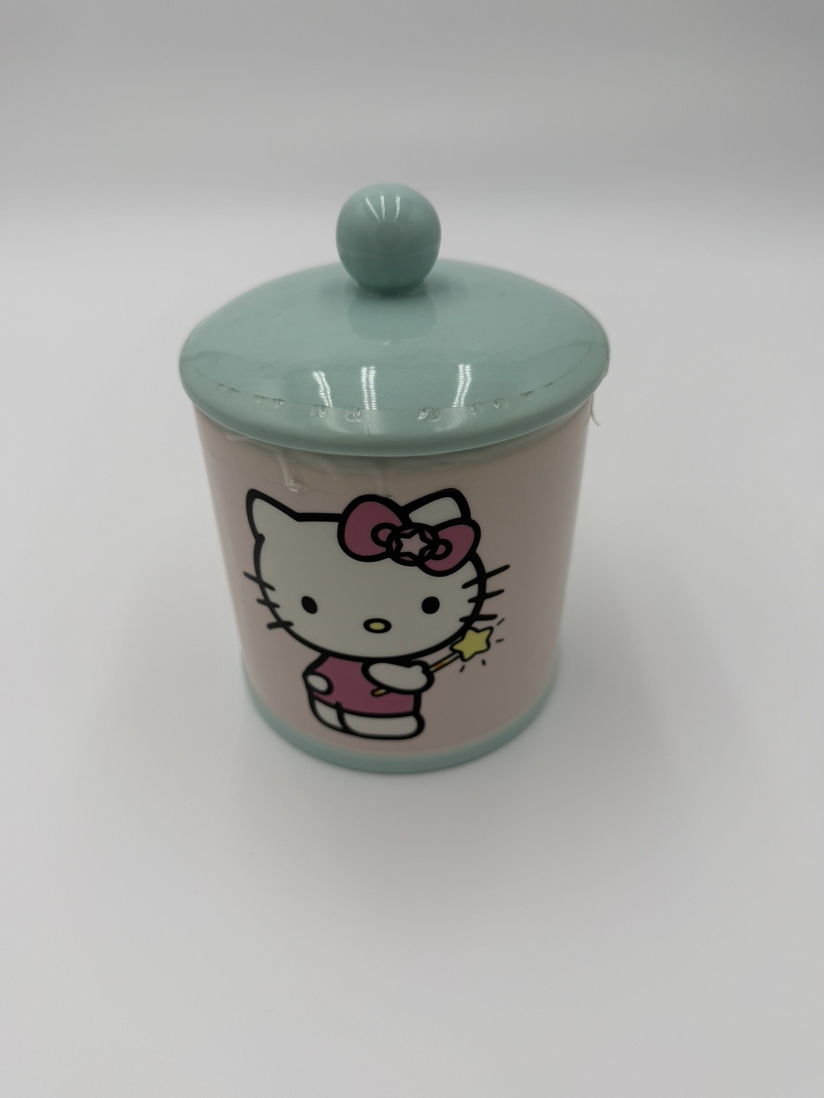 NEW Sanrio Hello Kitty Magic Wand Canister Cookie Jar Pale Pink Blue Lid Taped NEW Sanrio Hello Kitty Magic Wand Canister Cookie Jar Pale Pink Blue Lid Taped