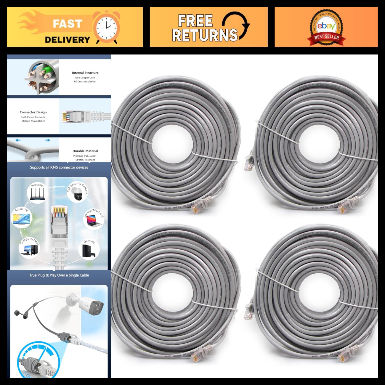 OOSSXX 4 Pack 100ft Cat5e Ethernet Cables for POE Security Camera Systems