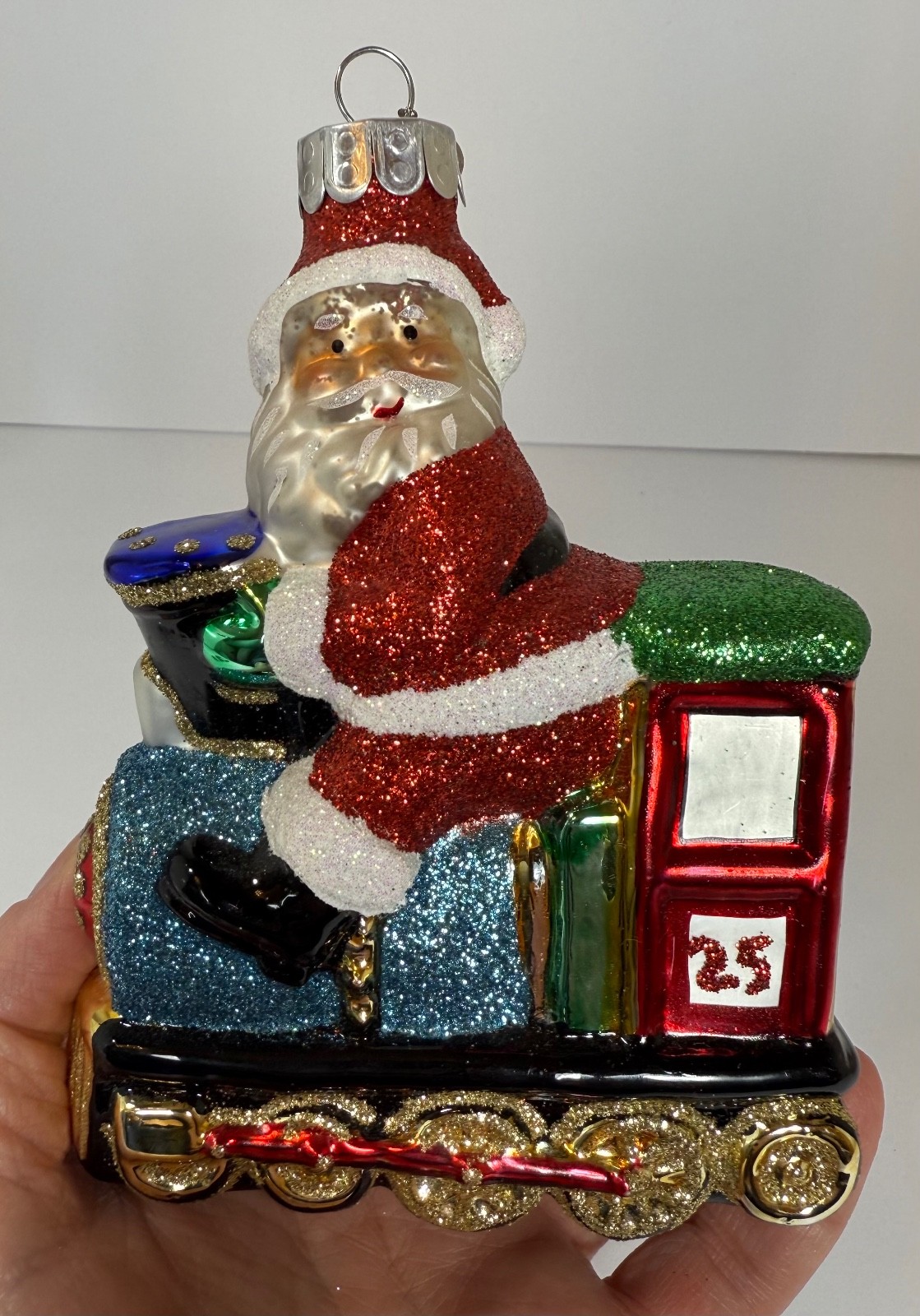 Christopher Radko Glittery Christmas Ornament Santa on Train Locomotive 25