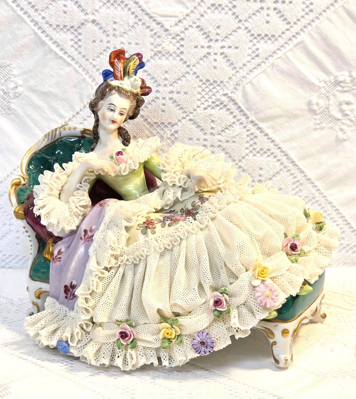 #5 Figurine German Dresden Lace Lady Laying on a Chaise 5" tall 7" Wide #5 Figurine German Dresden Lace Lady Laying on a Chaise 5" tall 7" Wide