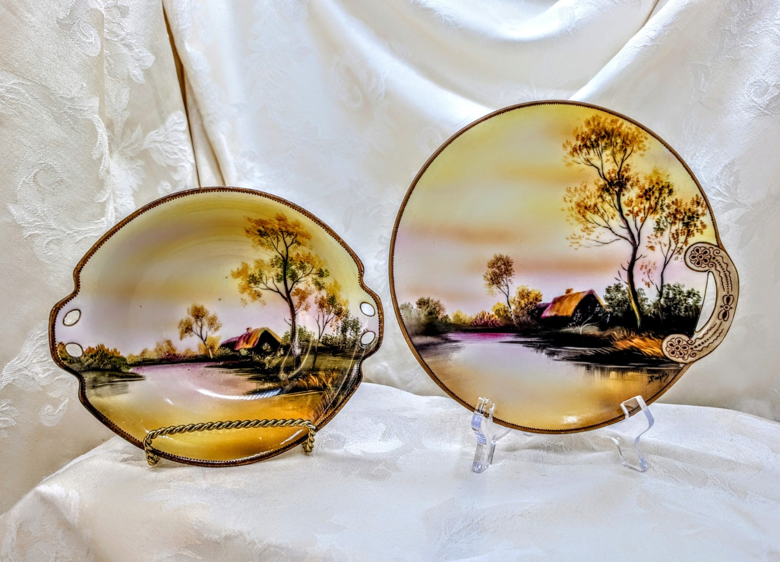 Antique Nippon Noritake Scenic Bowl & Plate Set Signed Morimura Hand Painted