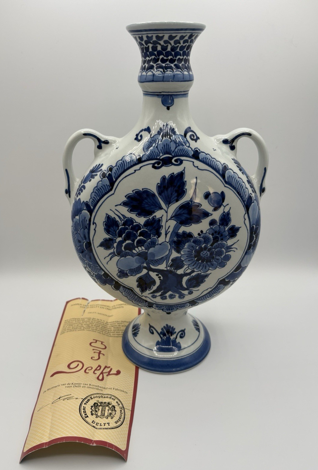 Vintage Delft Holland Blue Hand Painted Porcelain Pedestal Vase 11.5" w/ COA