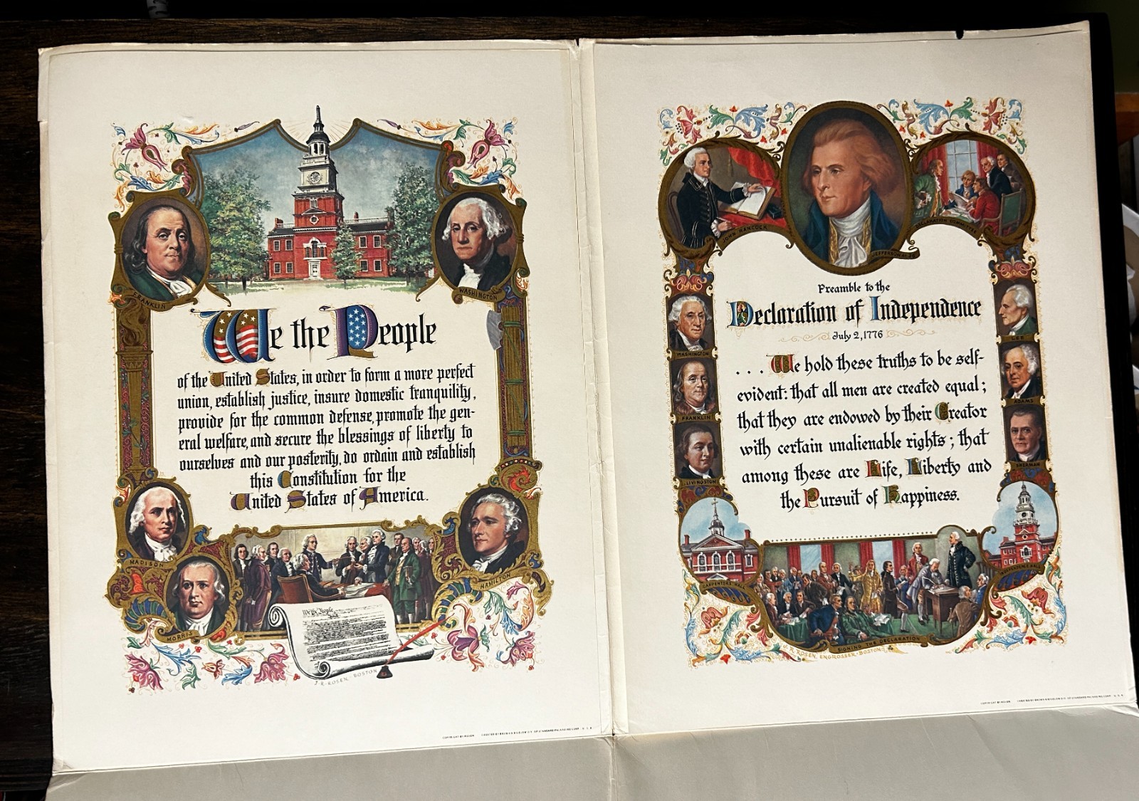 Vintage J.R. Rosen Declaration of Independence, Constitution, Old Glory Prints