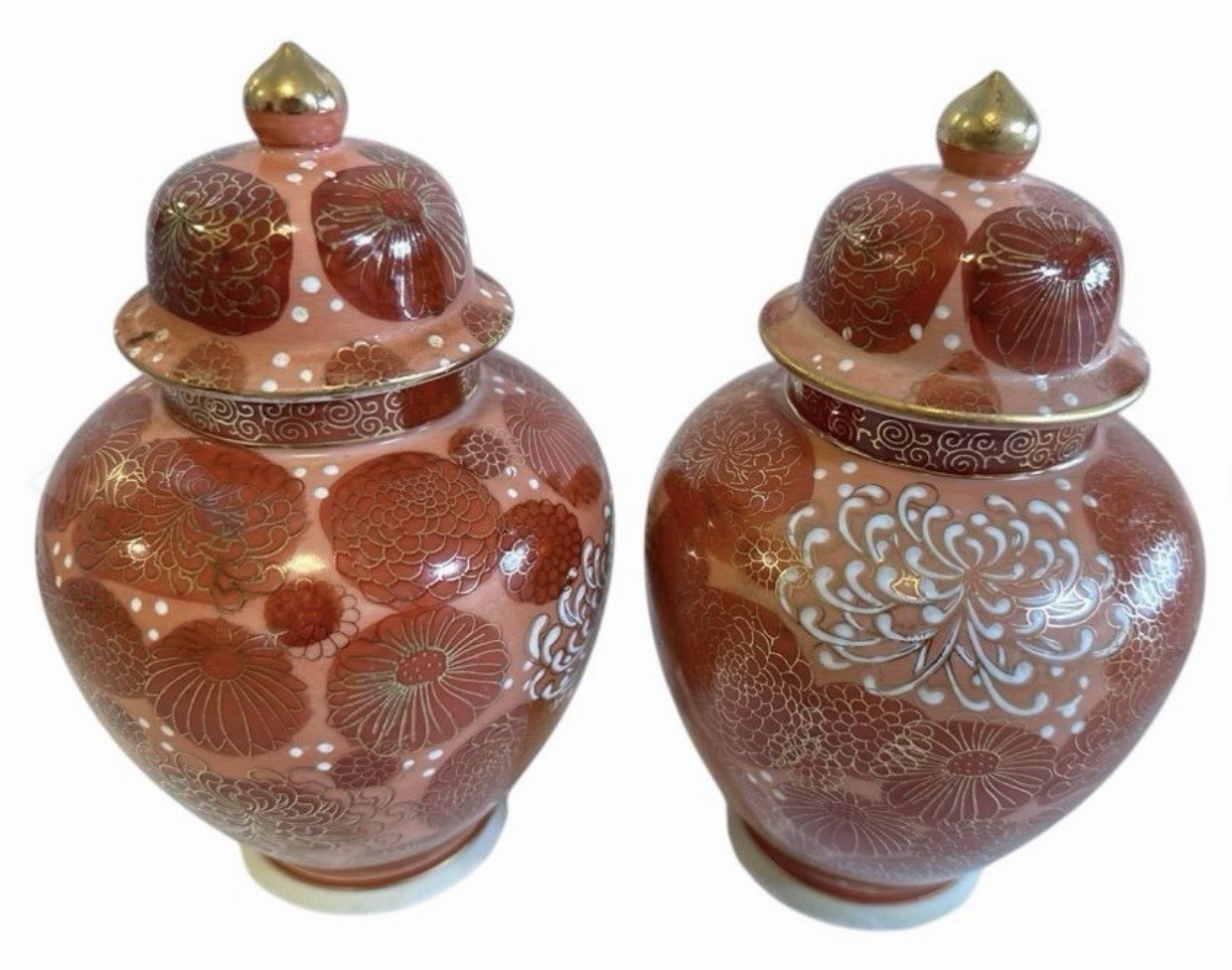 Pair Japanese Hand Painted Porcelain Ginger Jars Gold Gilt Floral Lidded Vases Pair Japanese Hand Painted Porcelain Ginger Jars Gold Gilt Floral Lidded Vases