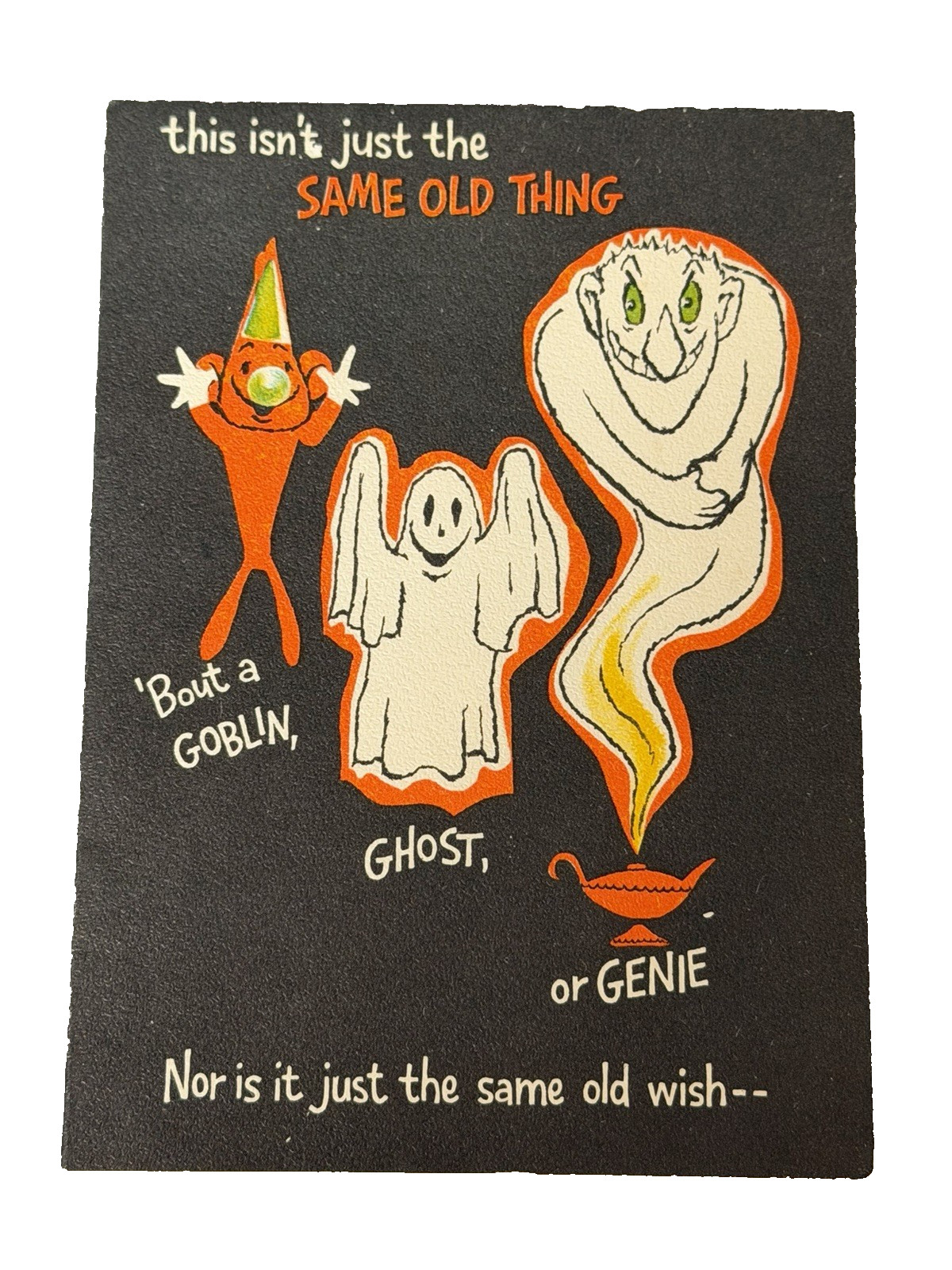 VTG MCM Hallmark Halloween Card Black with Goblin, Ghost & Genie 5" Retro '60's