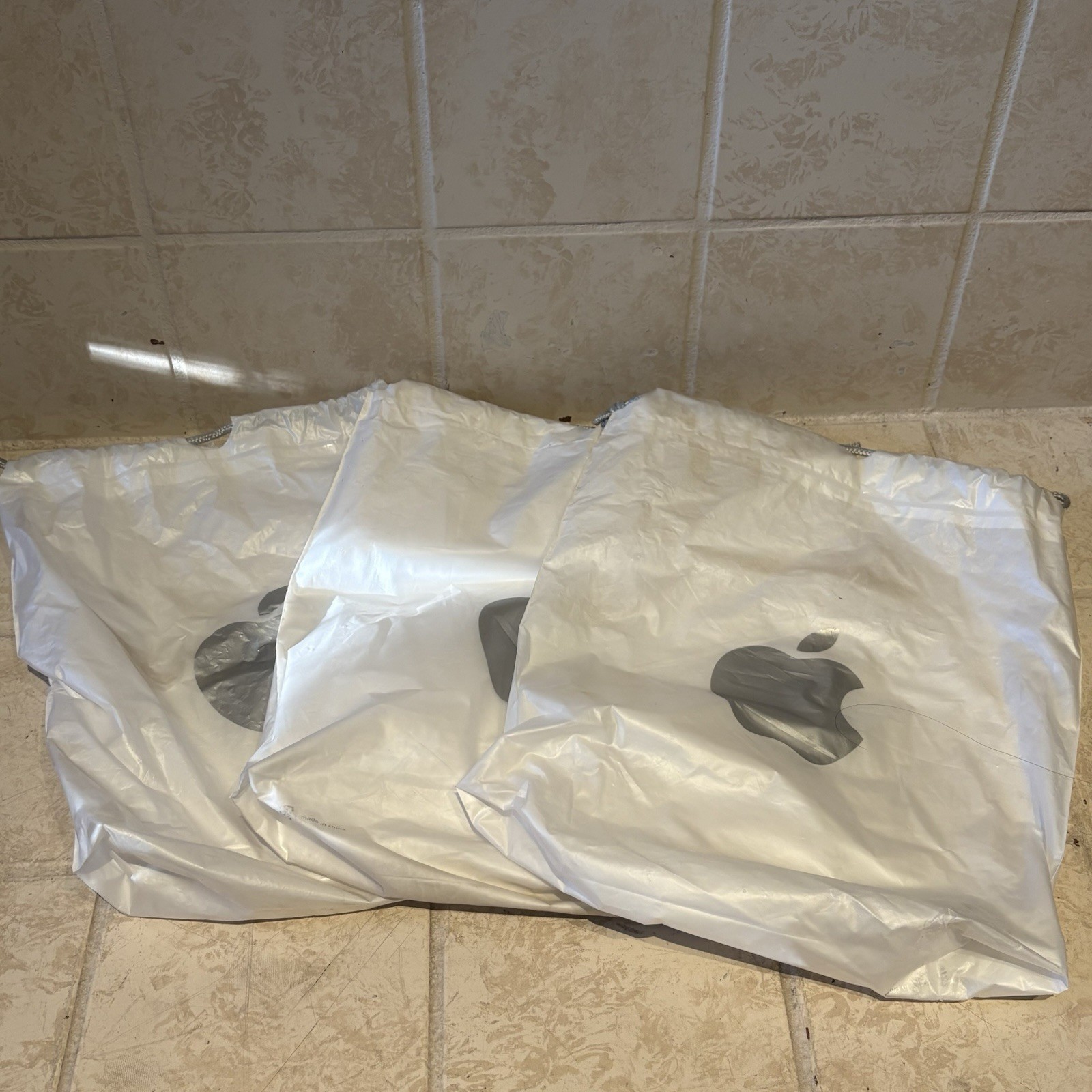Lot Of 3 Vintage Apple Store Plastic Drawstring Shopping Bag Logo 12x13” Roughly Lot Of 3 Vintage Apple Store Plastic Drawstring Shopping Bag Logo 12x13” Roughly