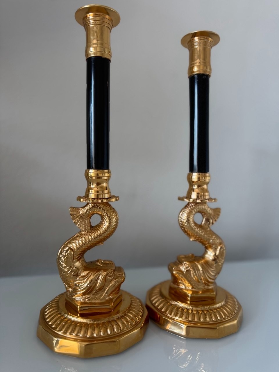 SET OF 2 Tall 13.5" Antique Regency Dolphin Candlesticks Hand-Chased Gilt Bronze