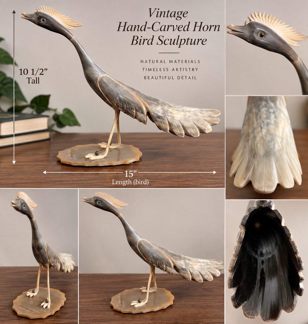 Vintage Hand Carved Horn Roadrunner Bird Sculpture 15” Long 10.5” Tall Folk Art Vintage Hand Carved Horn Roadrunner Bird Sculpture 15” Long 10.5” Tall Folk Art