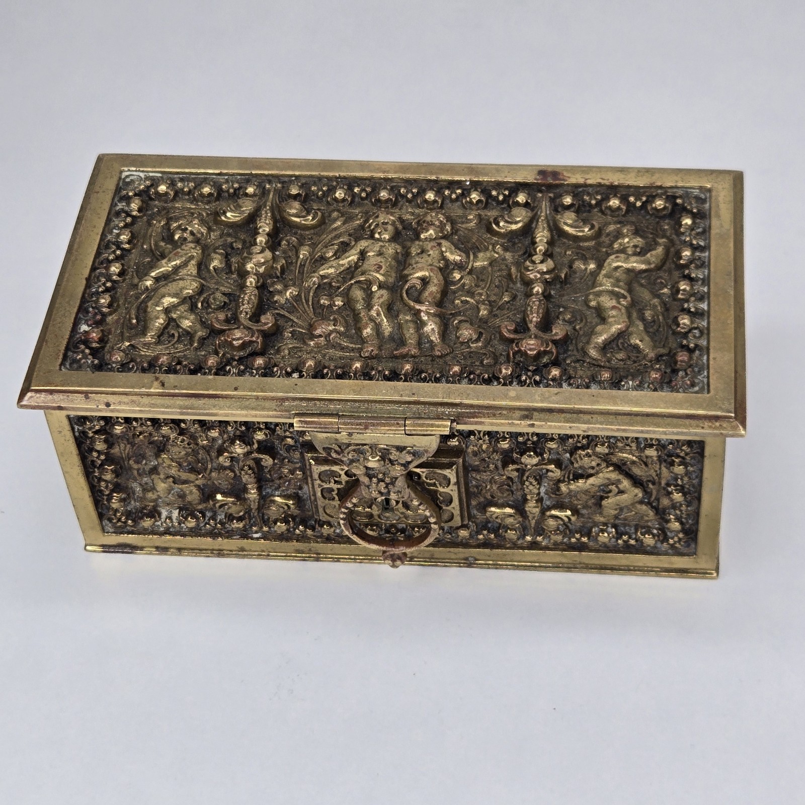 Antique German Erhard & Söhne Brass Jewelry Box Neo Classic Putti Plays Cherubs