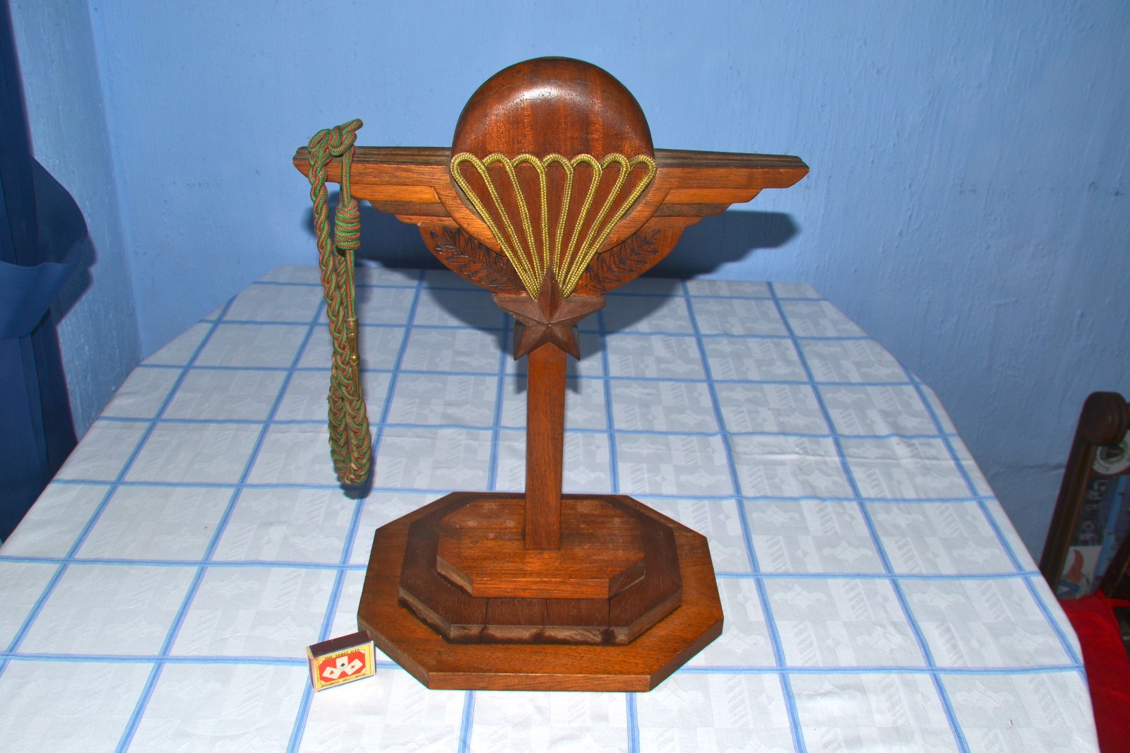 Large vintage French Paratrooper bespoke oak wooden stand