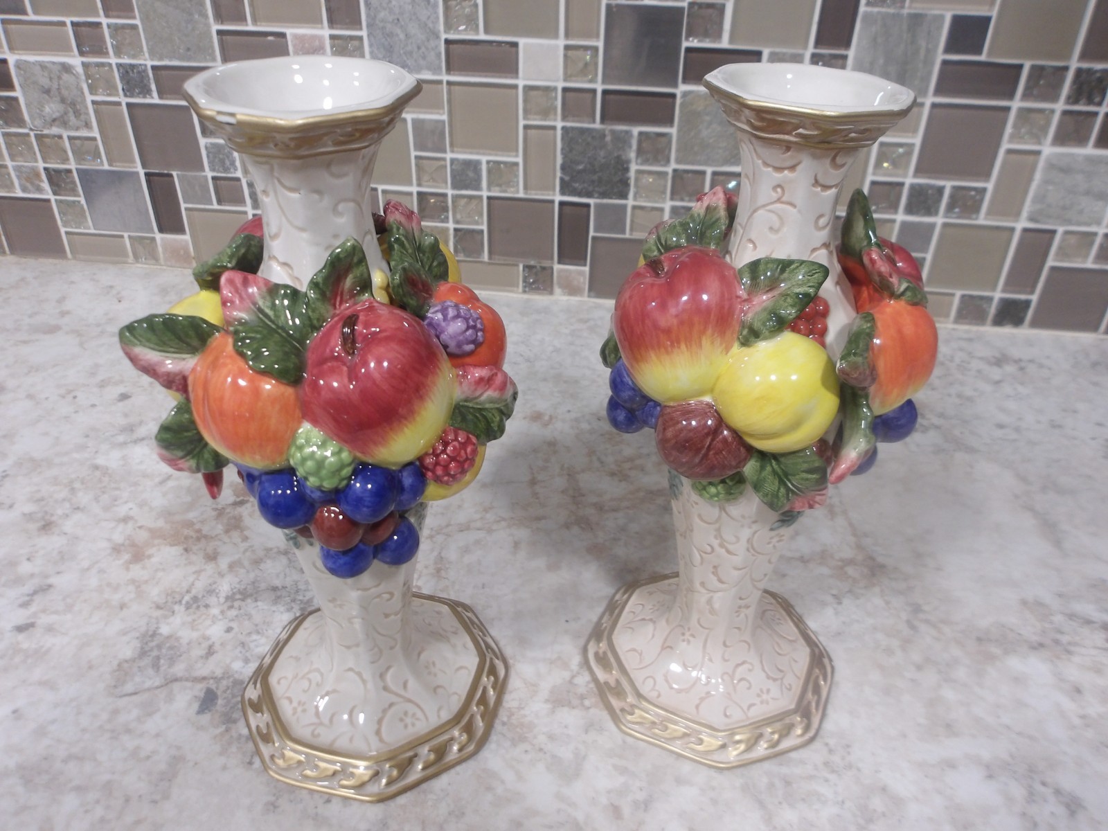 Two Vintage Fitz &Floyd Classics Venezia 9" Pillar Candle Holders Fruit Design