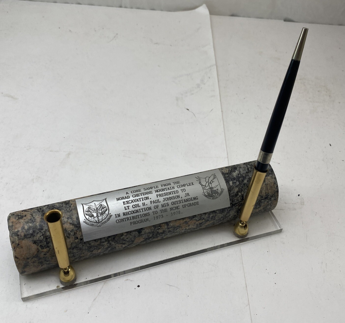 Core Sample from Cheyenne Mountain NCMC Presented Lt Colonel Paul Johnson 1978 Core Sample from Cheyenne Mountain NCMC Presented Lt Colonel Paul Johnson 1978