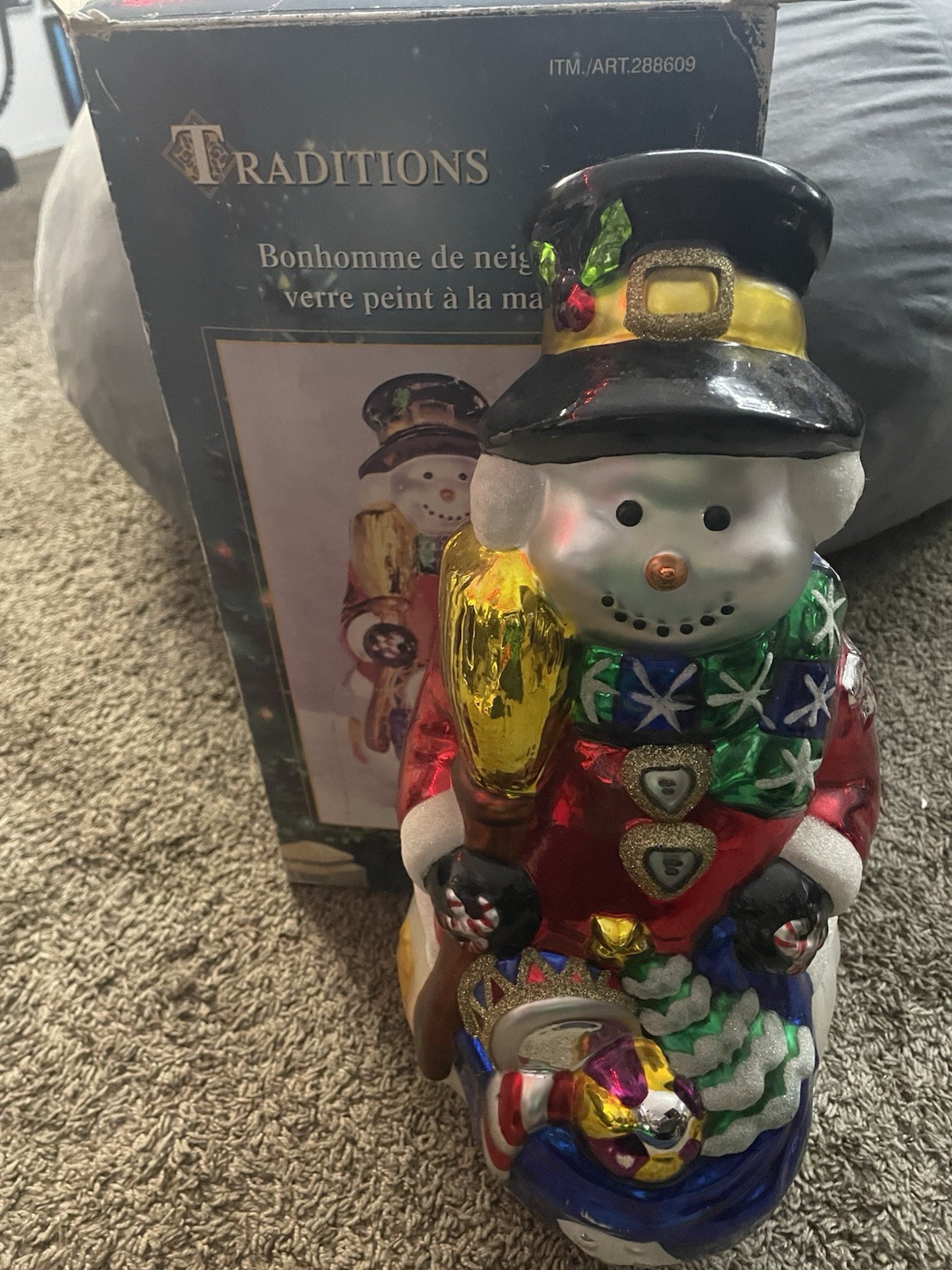 VTG HandPainted Mercury Glass 18” Snowman Traditions Wood Base Original Box