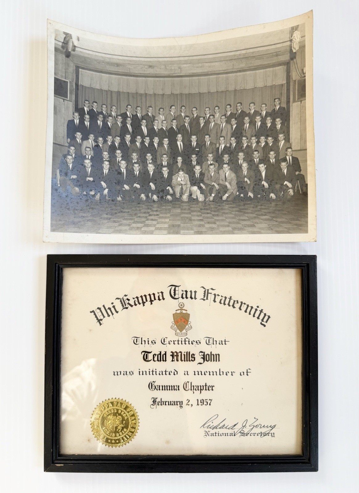 Vintage 1957 Phi Kappa Tau Fraternity Gamma Chapter Certificate & Group Photo