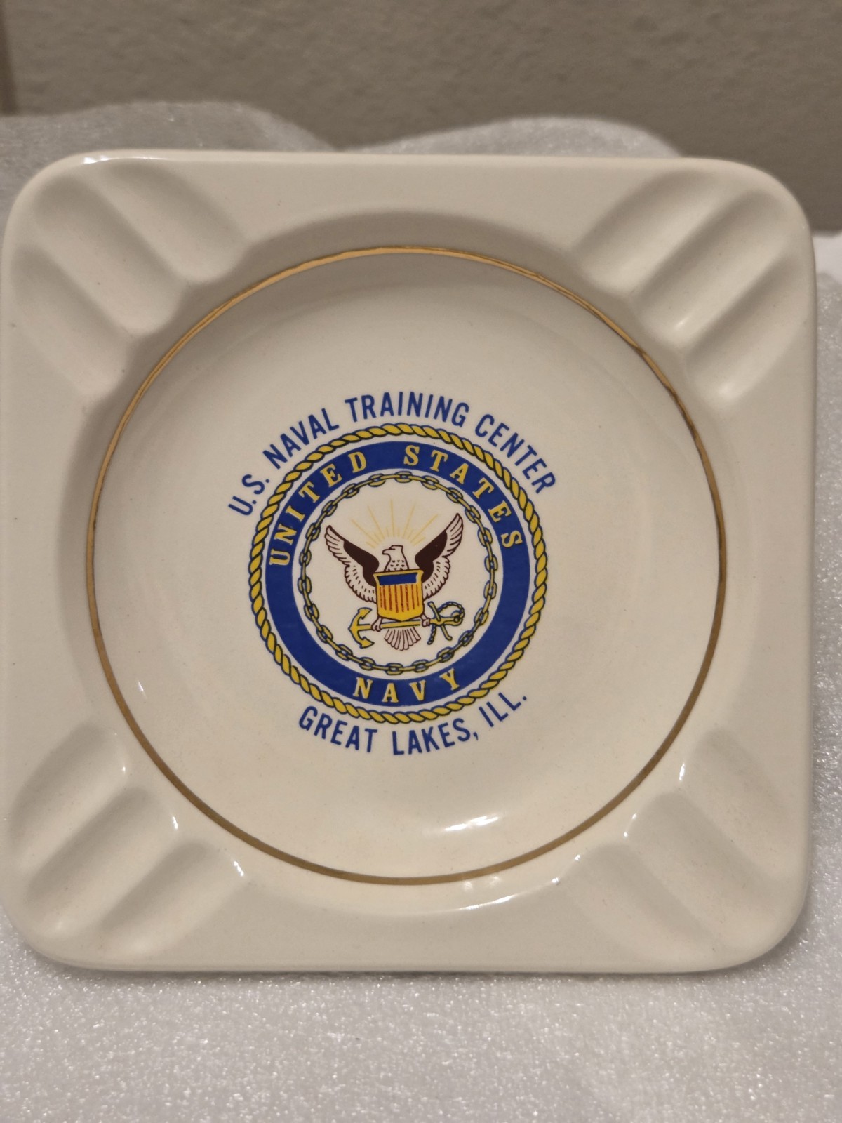 Vintage US Navy Great Lakes Naval Training Center Ceramic Ashtray Gold Trim Vintage US Navy Great Lakes Naval Training Center Ceramic Ashtray Gold Trim