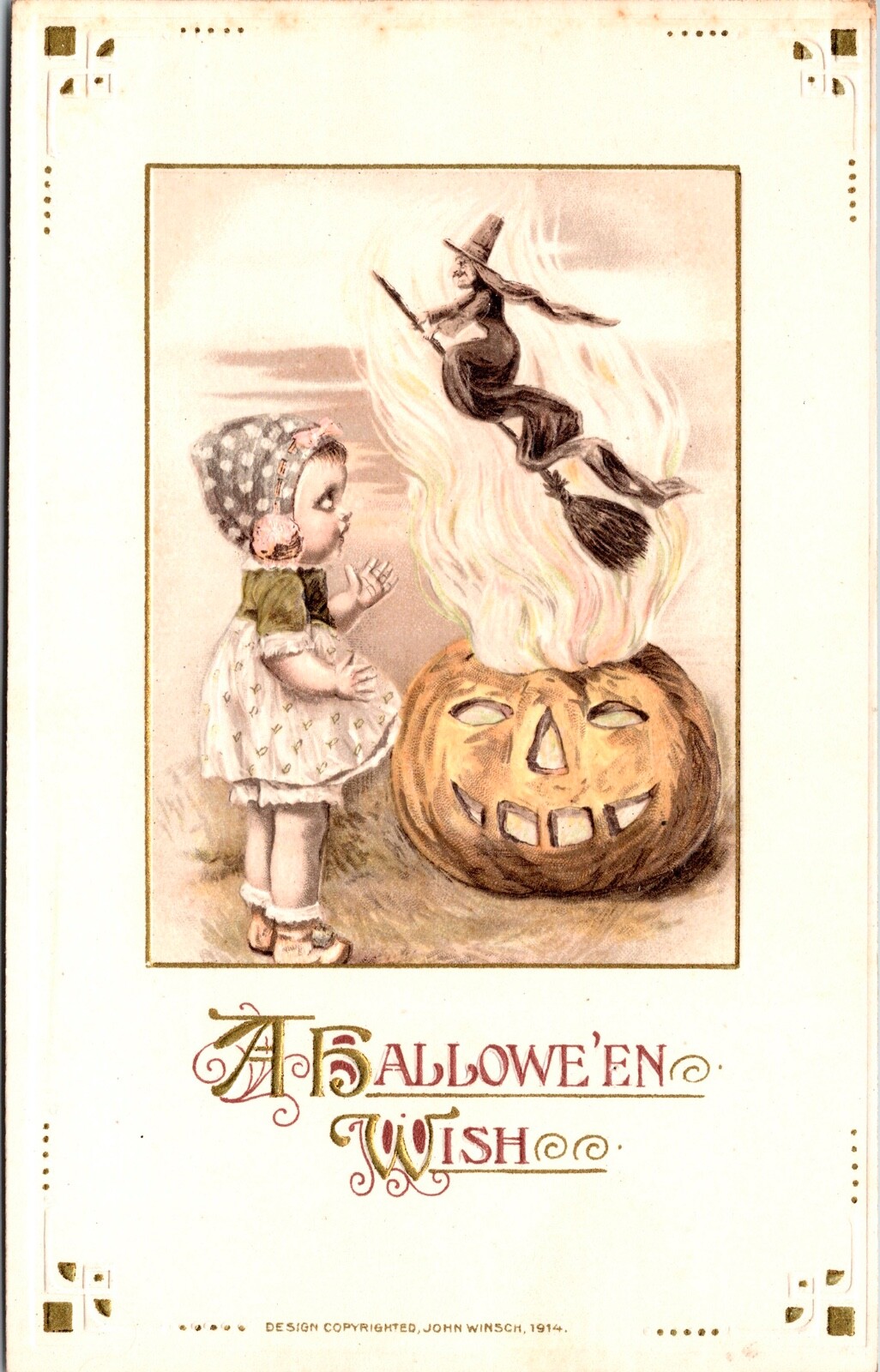 Vintage John Winsch Little Girl, Witch, Broom, JOL, Pumpkin, Halloween Postcard Vintage John Winsch Little Girl, Witch, Broom, JOL, Pumpkin, Halloween Postcard