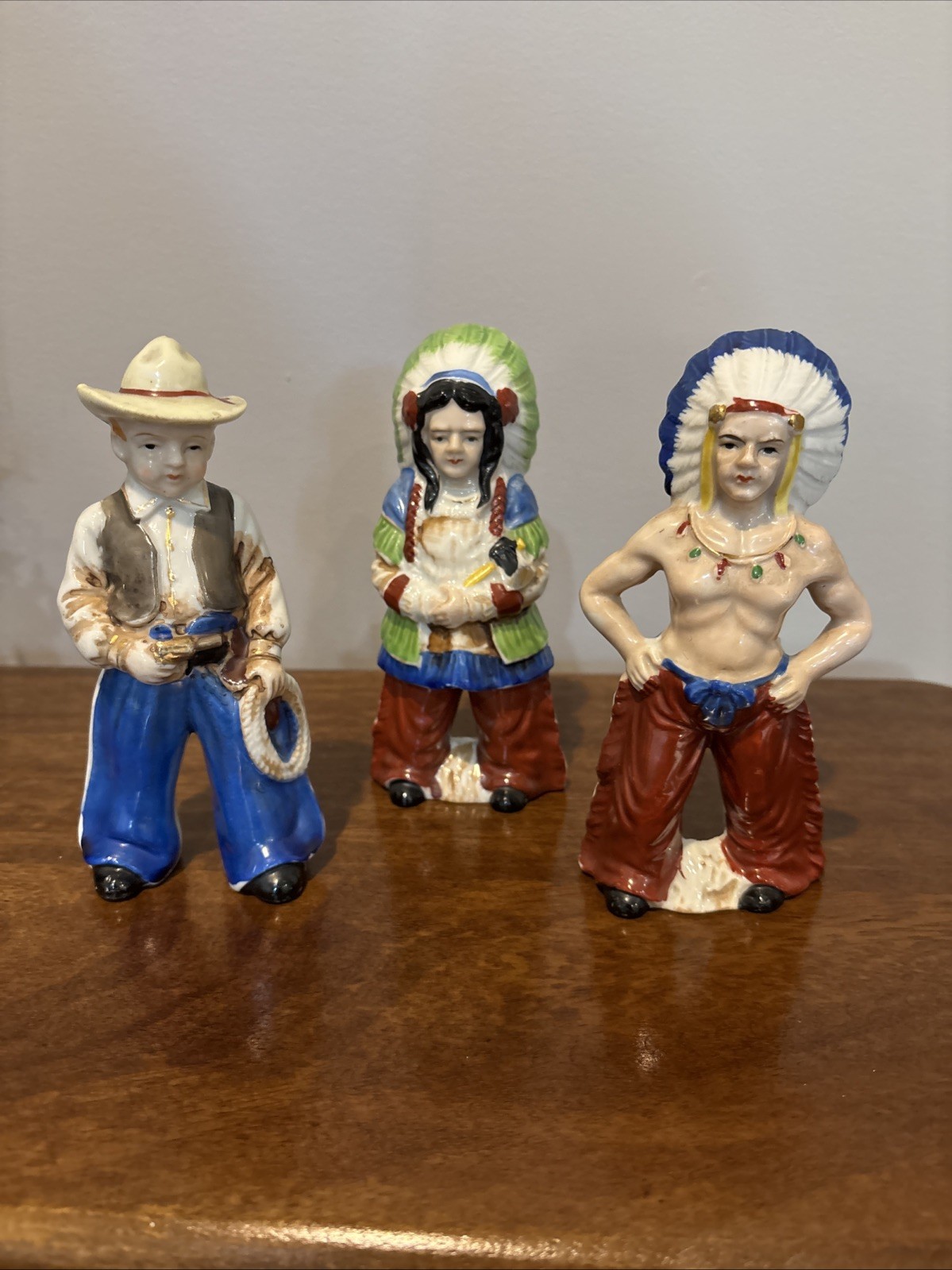 Three Vintage Hand Painted Bisque Porcelain Figurines Made In Japan Three Vintage Hand Painted Bisque Porcelain Figurines Made In Japan