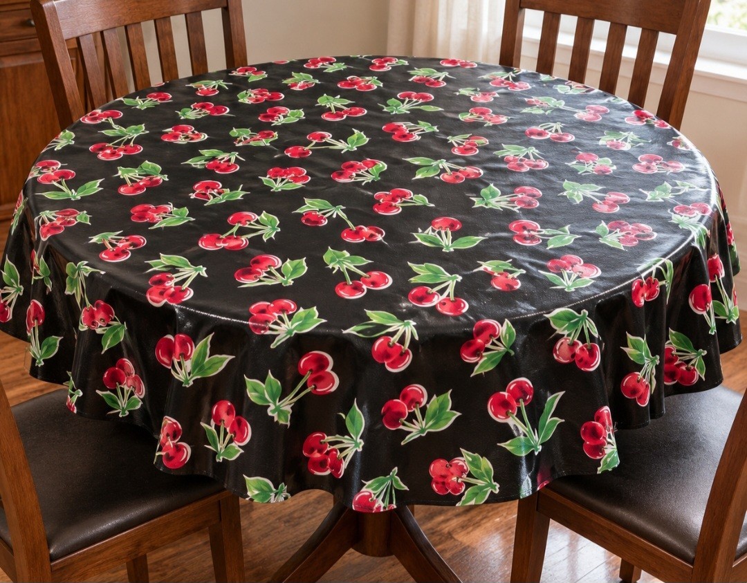 Oilcloth Brand VTG Stella Cherry Vinyl Tablecloth 47.5" Rd Black Rockabilly NWT Oilcloth Brand VTG Stella Cherry Vinyl Tablecloth 47.5" Rd Black Rockabilly NWT