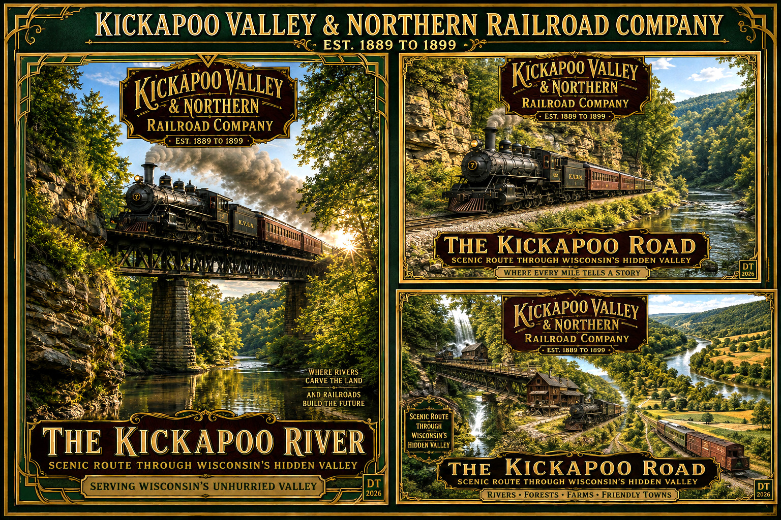 Kickapoo Valley & Northern Railroad Poster Set of 3 Wisconsin Vintage Style Kickapoo Valley & Northern Railroad Poster Set of 3 Wisconsin Vintage Style