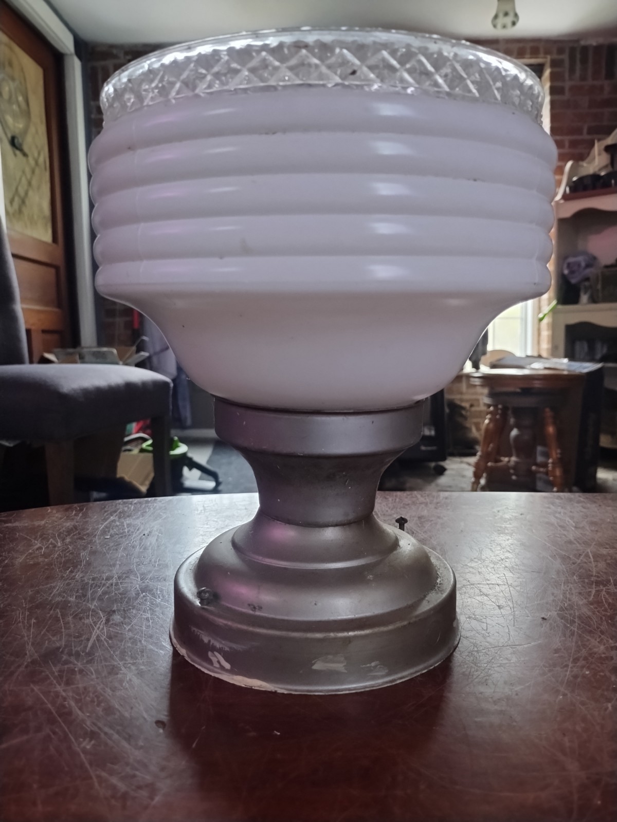 Vtg Art Deco Retro Industrial Ceiling Light Fixture With Glass Shade