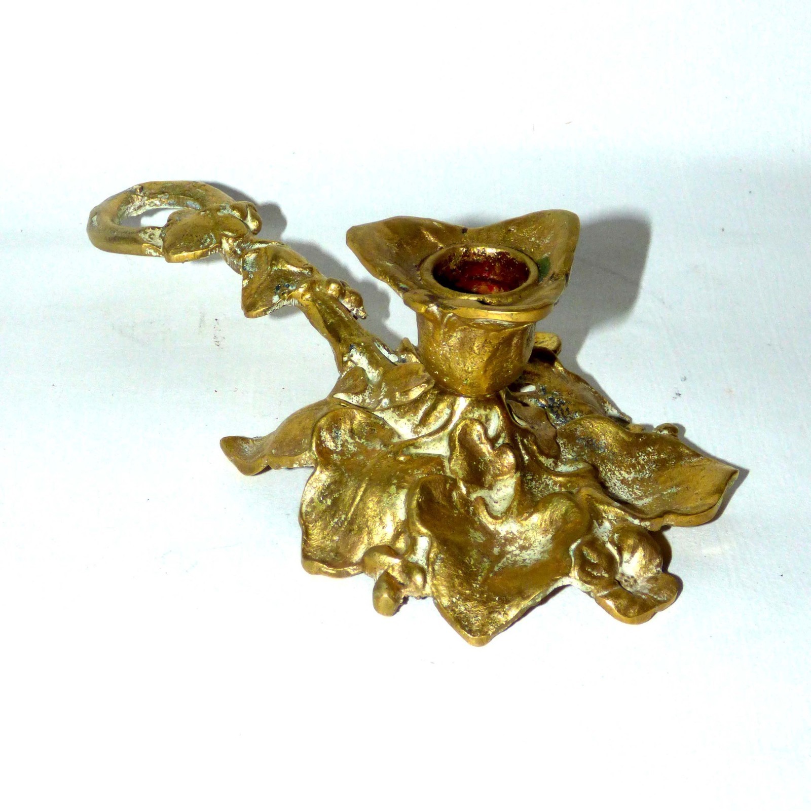 Vintage French Heavy Brass Grape Leaf Chamberstick Finger Loop MCM Vintage French Heavy Brass Grape Leaf Chamberstick Finger Loop MCM