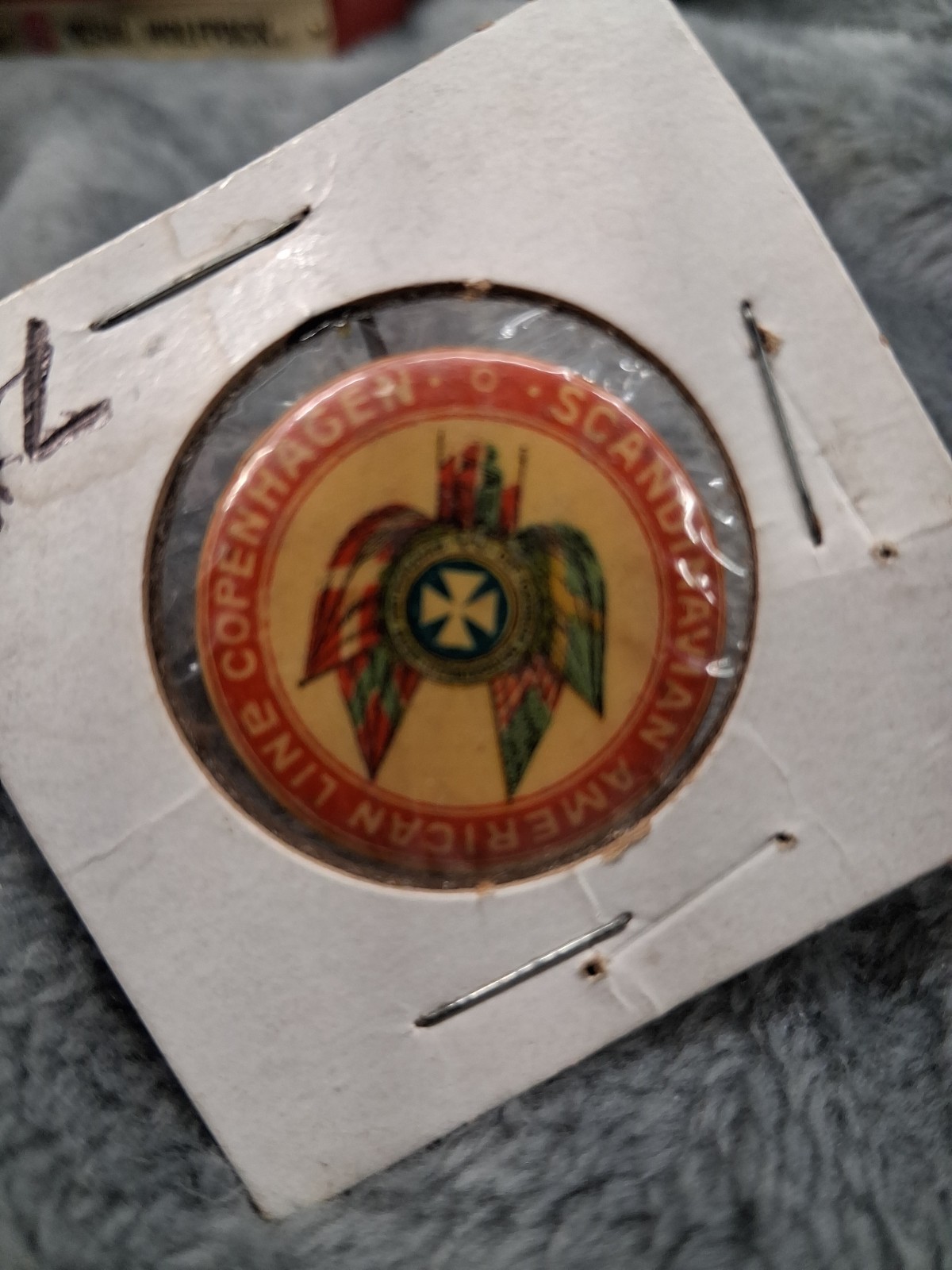 Vintage Scandinavian American Line Copenhagen Celluloid Pinback Button Excellent Vintage Scandinavian American Line Copenhagen Celluloid Pinback Button Excellent