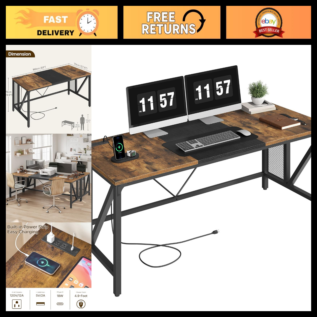63" Computer Desk with Power Outlets, Gaming Desk, Large Office Executive Desk W 63" Computer Desk with Power Outlets, Gaming Desk, Large Office Executive Desk W