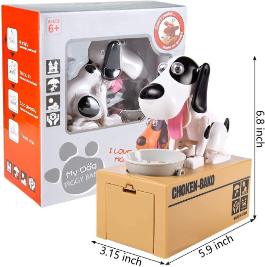 Hungry Puppy Dog Automatic Mechanical Piggy Bank. White & Black New In Box Hungry Puppy Dog Automatic Mechanical Piggy Bank. White & Black New In Box