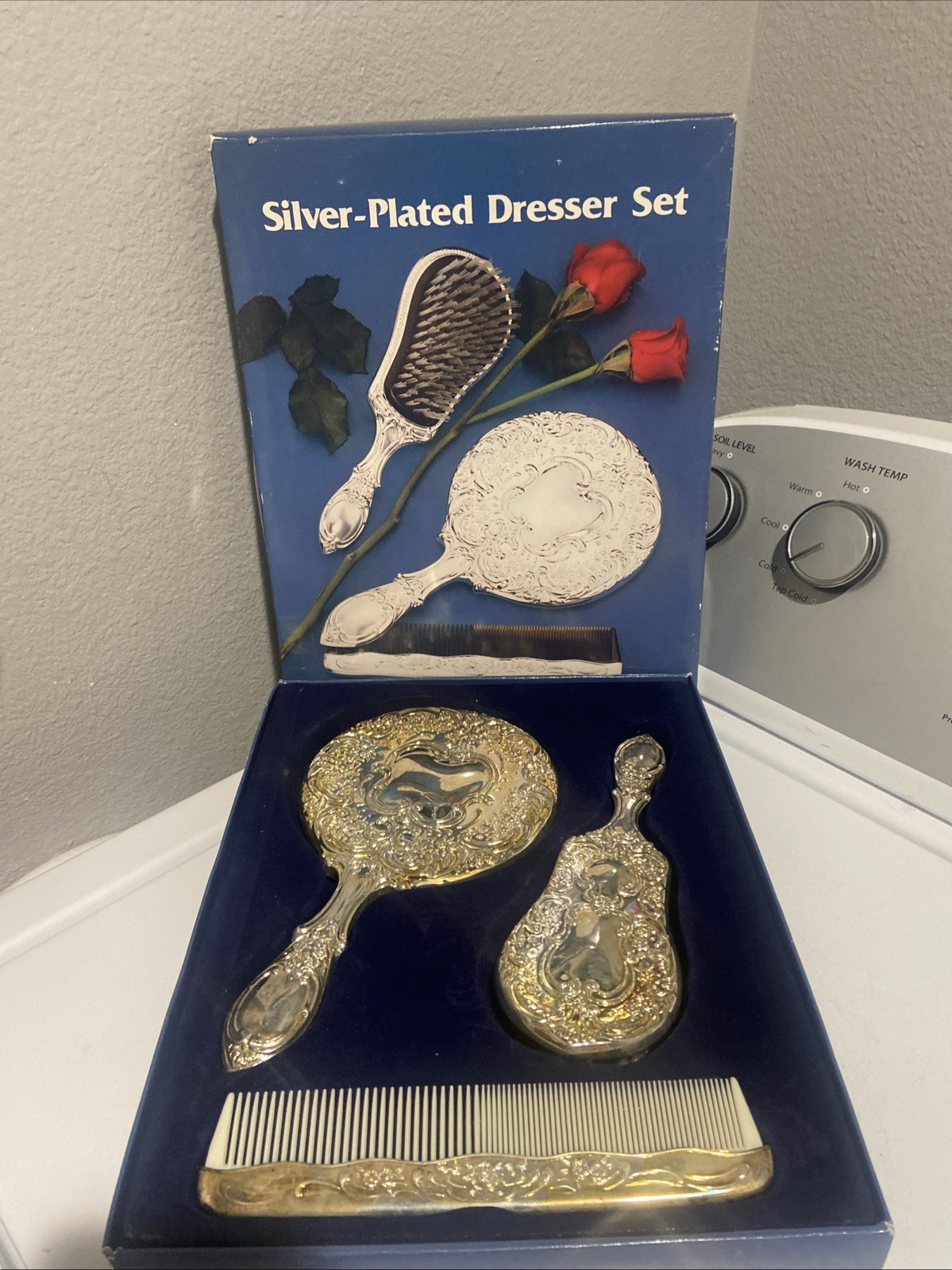 Vintage Silver Plated Dresser Set Ornate Baroque Mirror Brush Comb Boxed Vintage Silver Plated Dresser Set Ornate Baroque Mirror Brush Comb Boxed