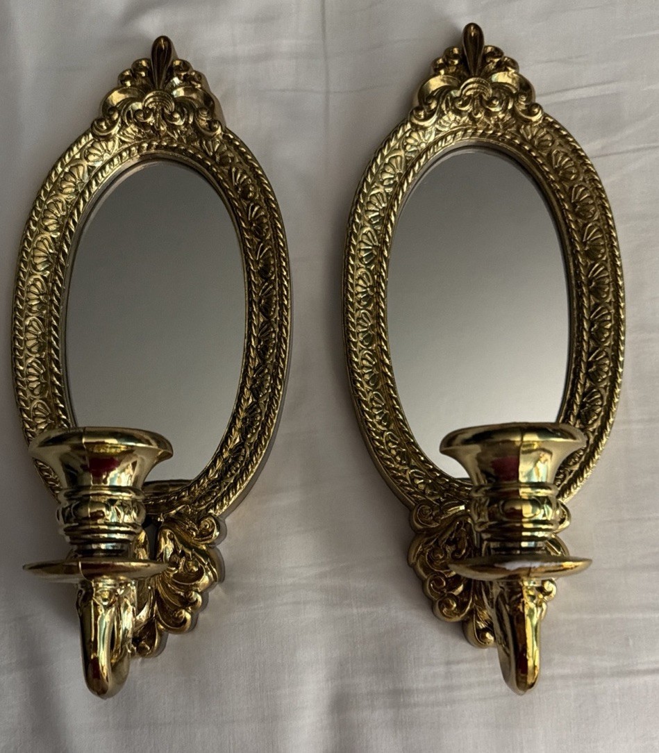 Pair Burwood Gold Mirror votive Candle Sconce Hollywood Regency Vintage Plastic Pair Burwood Gold Mirror votive Candle Sconce Hollywood Regency Vintage Plastic