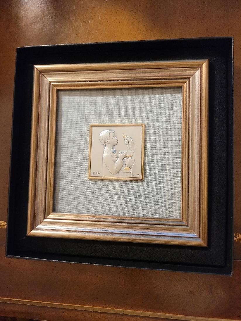 Vintage Italian 925 Sterling Silver First Communion Framed Plaque by Salerni