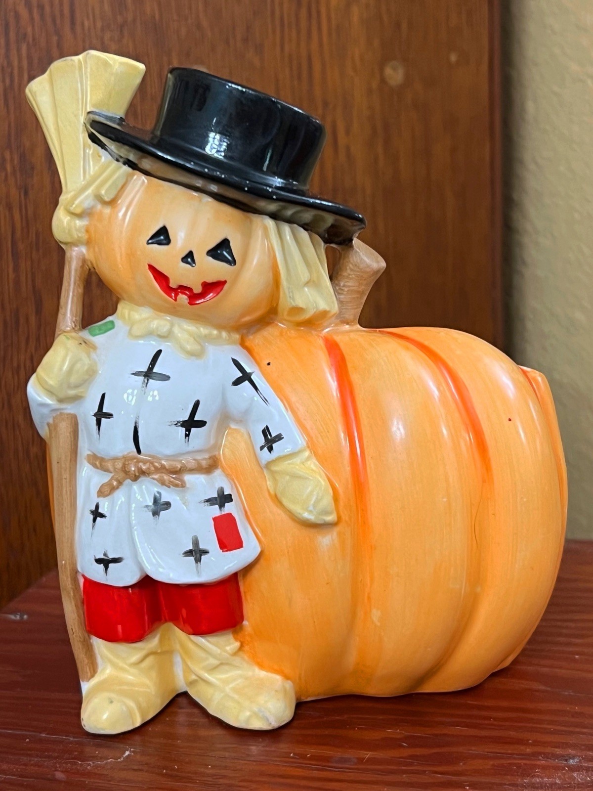 Vintage Relpo Halloween Scarecrow Jack-O-Lantern Pumpkin Ceramic Planter