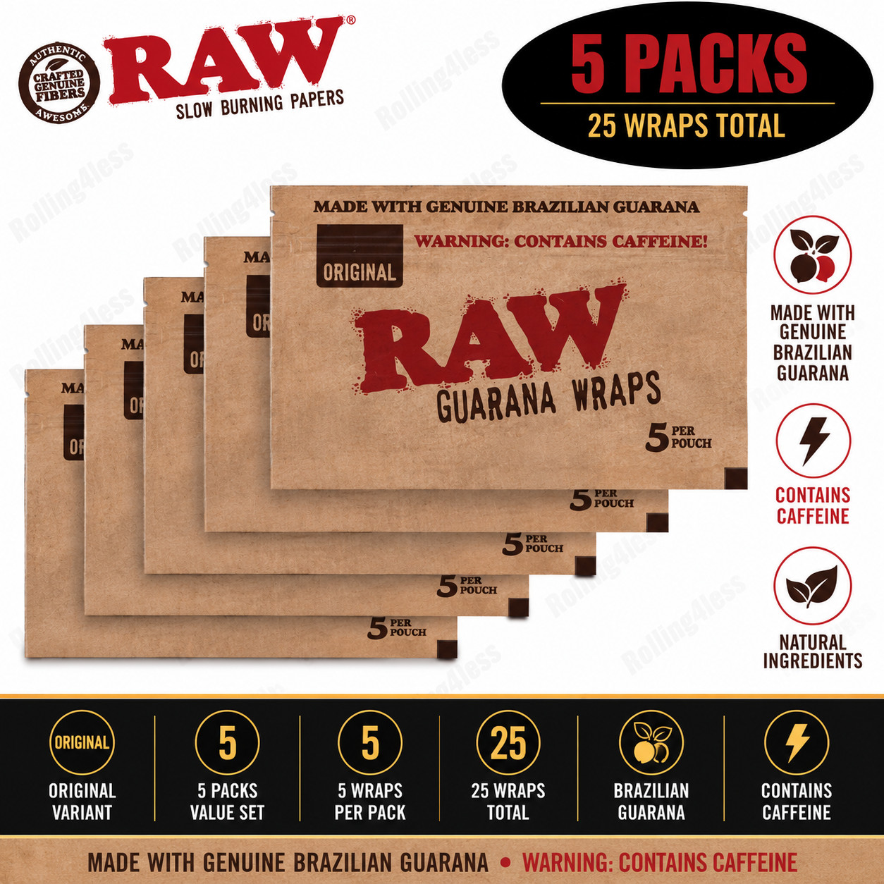 RAW Guarana Wraps Original 5 Packs 5 Per Pack 25 Total Brazilian Guarana RAW Guarana Wraps Original 5 Packs 5 Per Pack 25 Total Brazilian Guarana