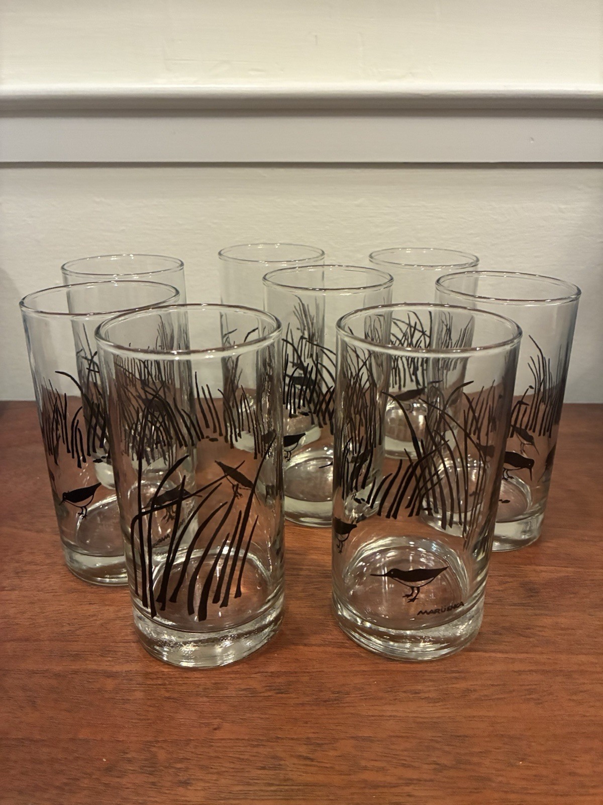 Vintage Marushka Glass Tumblers Sandpiper & Reeds 10 Oz Set Of 8 Excellent Vintage Marushka Glass Tumblers Sandpiper & Reeds 10 Oz Set Of 8 Excellent