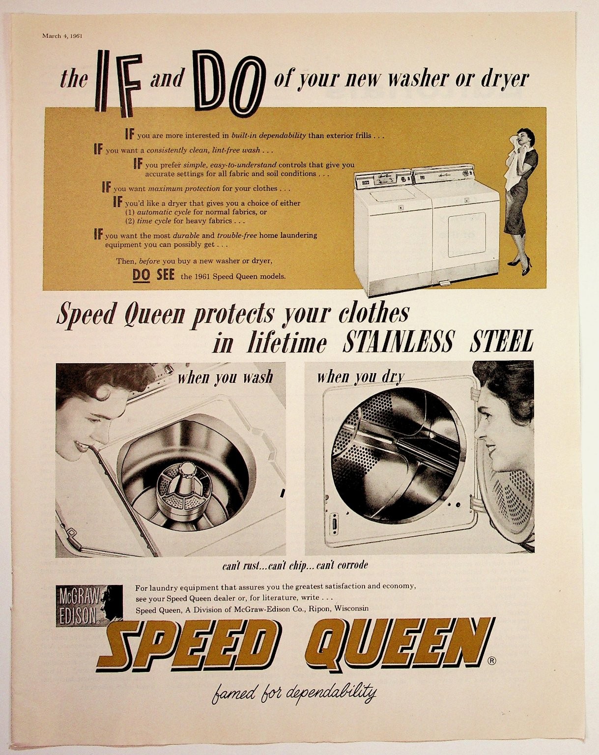 1961 Speed Queen Washer Dryer Ad Vintage McGraw-Edison Laundry Ephemera 1961 Speed Queen Washer Dryer Ad Vintage McGraw-Edison Laundry Ephemera