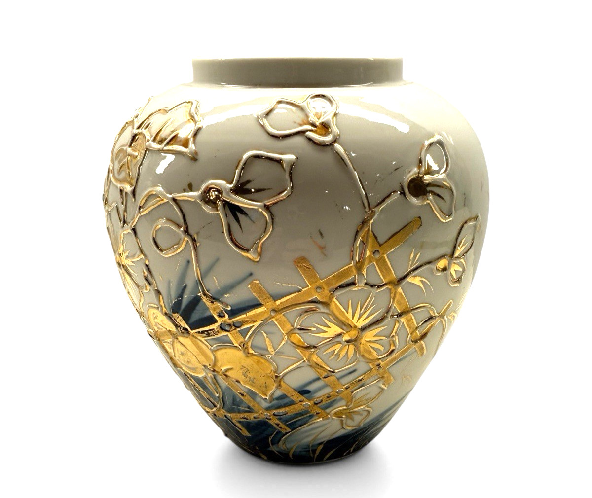 Art Nouveau 8" Porcelain Vase Heavy Raised Gold Relief Cobalt 1035/M 28 Antique Art Nouveau 8" Porcelain Vase Heavy Raised Gold Relief Cobalt 1035/M 28 Antique