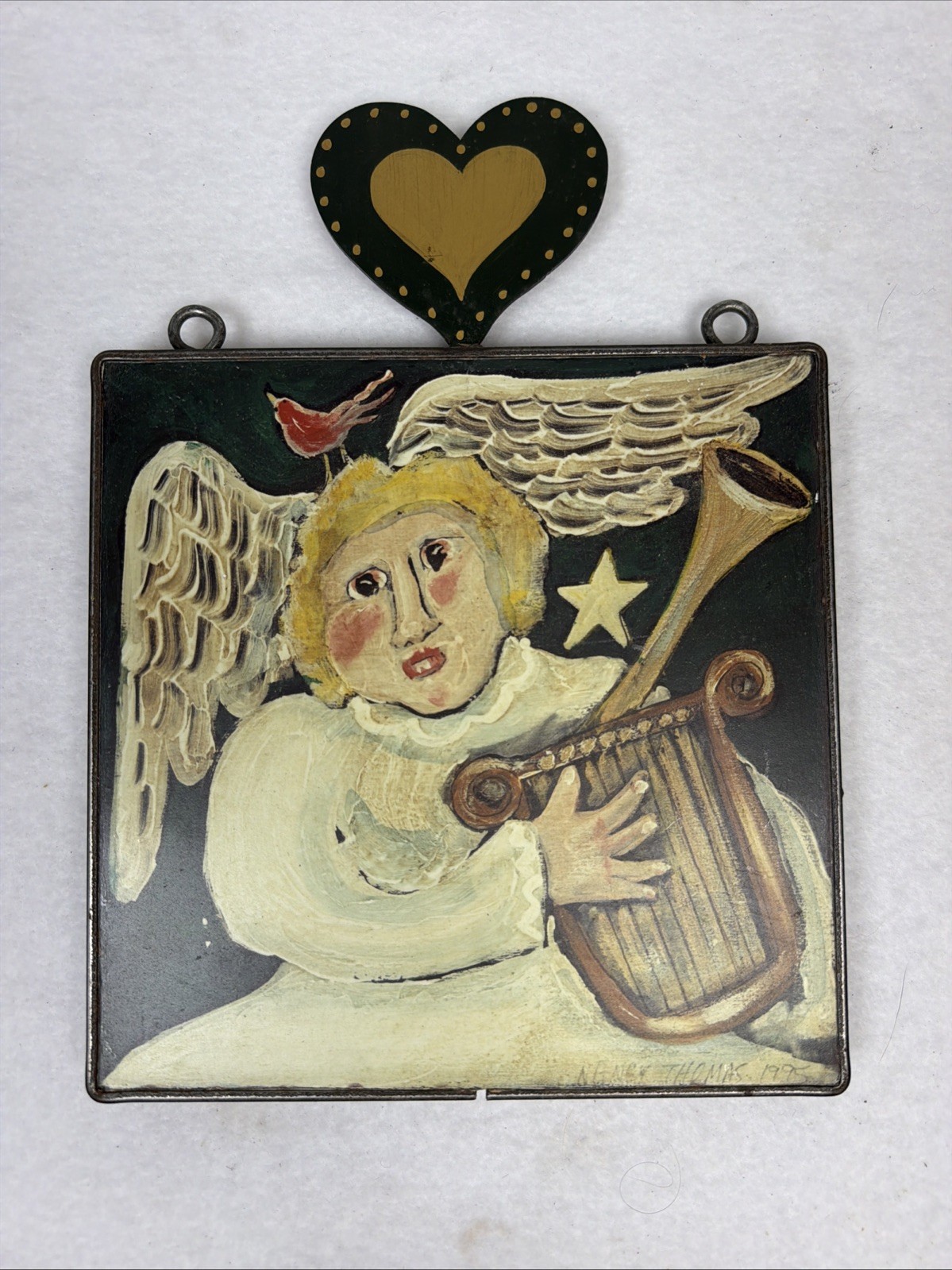 Vintage 1995 Nancy Thomas Folk Art Metal Plaque Music Maker Angel With Harp Vintage 1995 Nancy Thomas Folk Art Metal Plaque Music Maker Angel With Harp