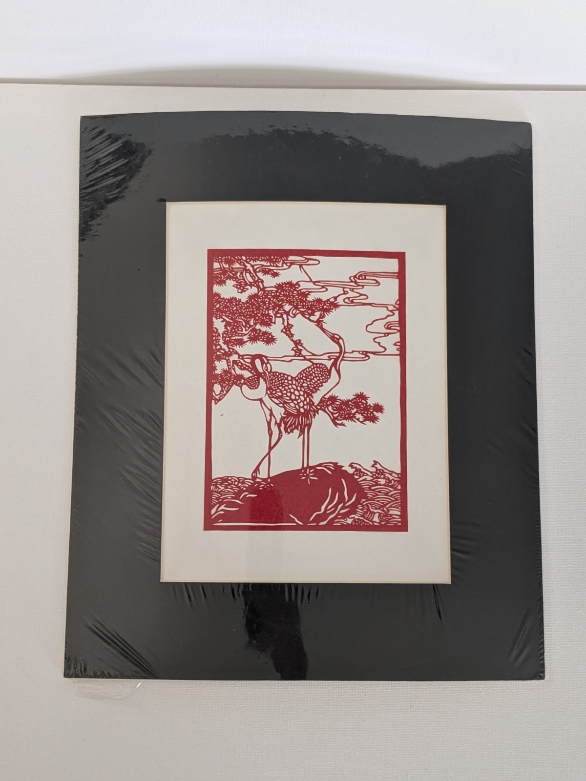 VTG Chinese Paper Cut Folk Art Red White Cranes JIANZHI Signed
