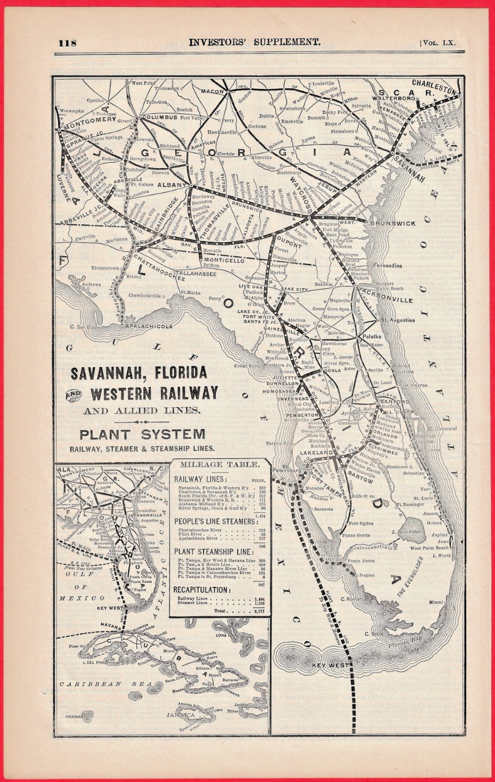 1895 Plant System Railroad Map Savannah Florida & Western Ry Steamship Lines