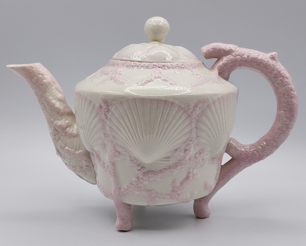 Belleek New Pink Shell & Coral Footed Teapot 4th Mark 1st Green
