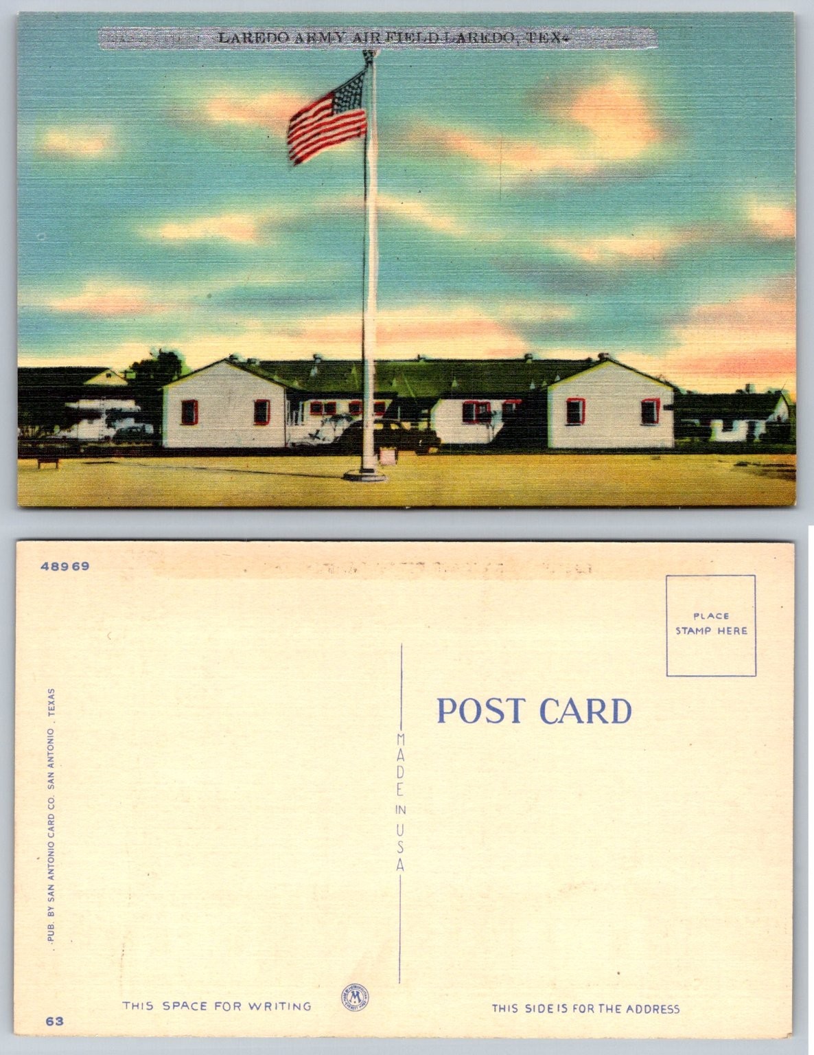 Laredo Army Air Field Texas Postcard WWII Era Linen US Flag Military Barracks