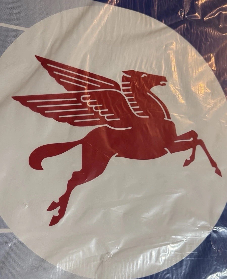 Vintage Mobil Pegasus Gas Station Sign 42”w x 20”h Blue White Red NOS Vintage Mobil Pegasus Gas Station Sign 42”w x 20”h Blue White Red NOS