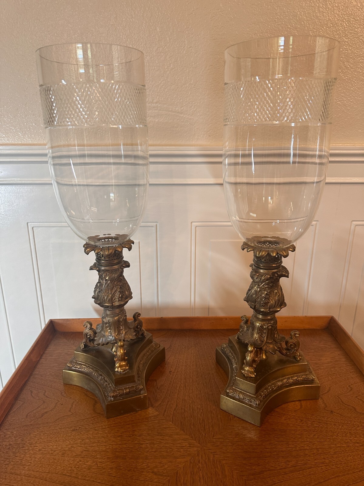 Vintage Warren Kessler Brass & Etched Glass Hurricane Candle Holders Vintage Warren Kessler Brass & Etched Glass Hurricane Candle Holders