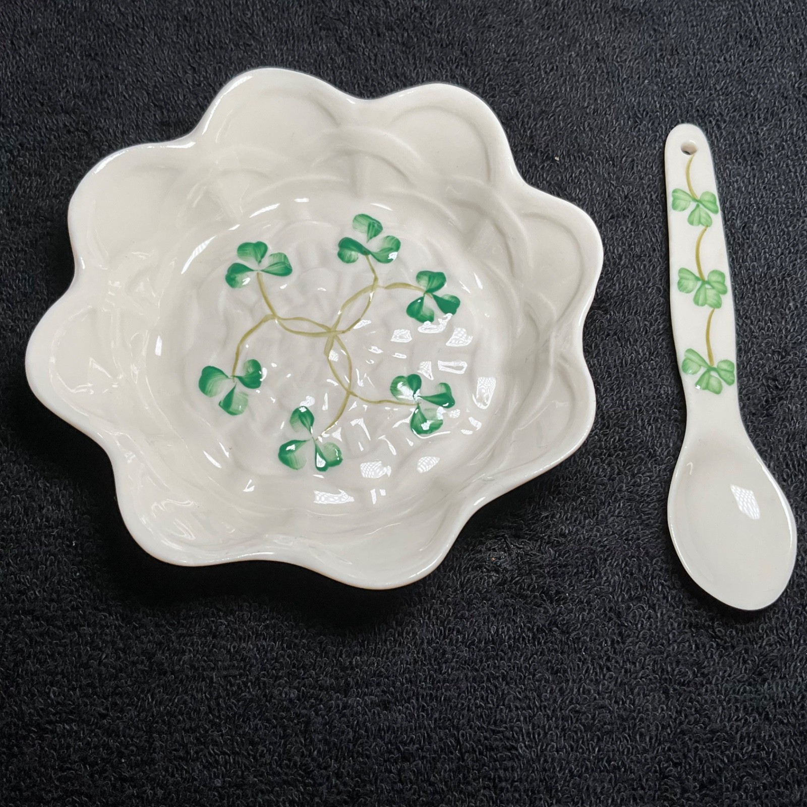 VTG Belleek Parian China Basketweave Shamrock Jelly Dish & Spoon- 11th Mark VTG Belleek Parian China Basketweave Shamrock Jelly Dish & Spoon- 11th Mark